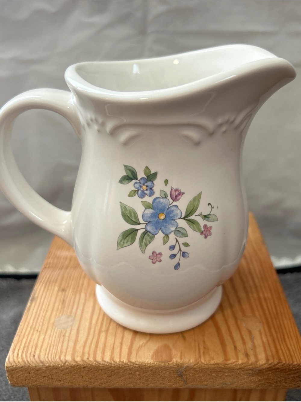Pfaltzgraff White Ceramic Pitcher with Blue and Pink Floral Design
